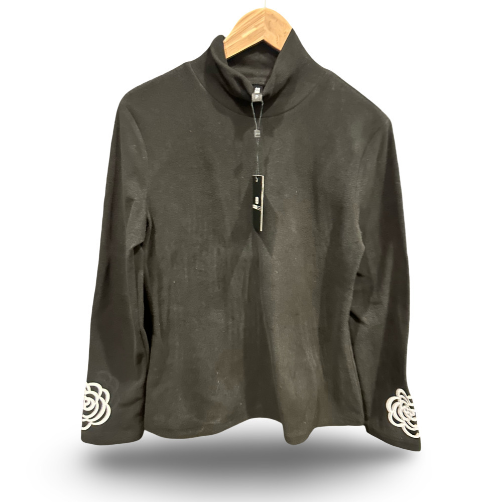 Stylewe Black Fleece Pullover with White Floral Cuff Embroidery